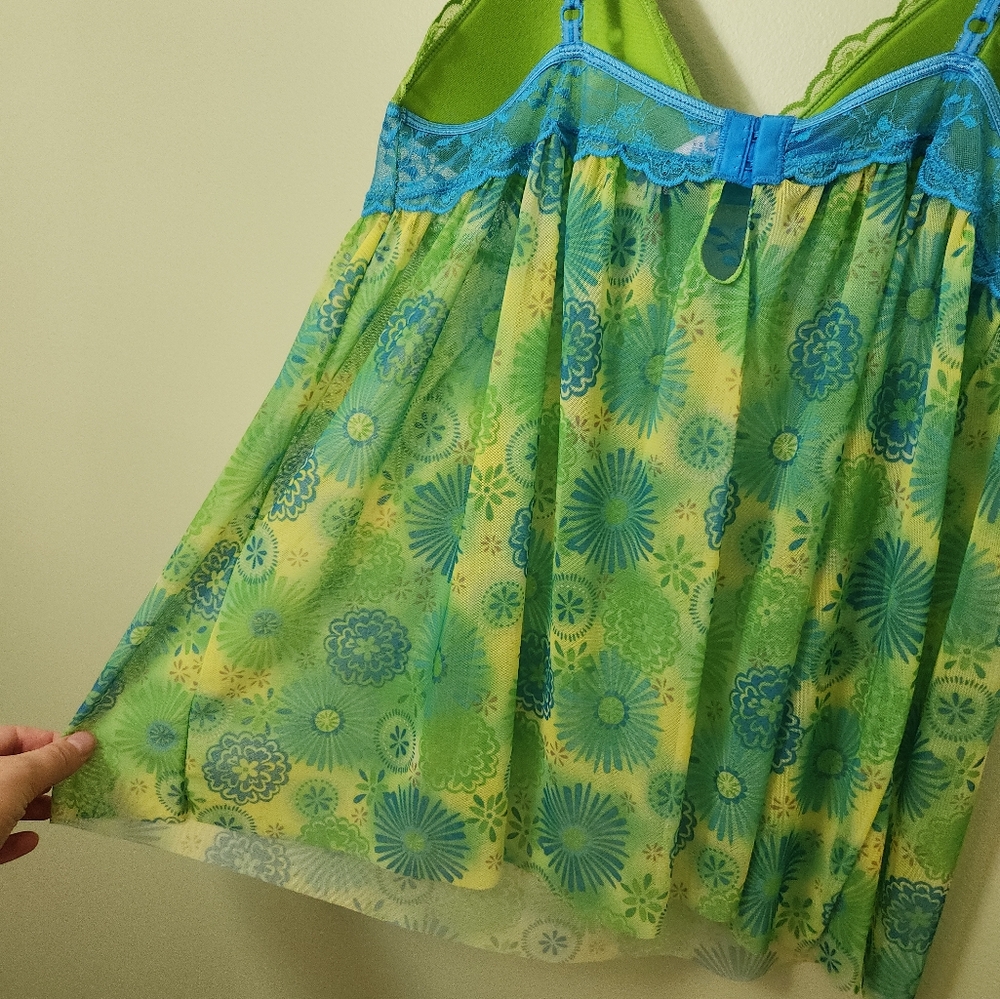 Y2K 2006 Victoria's Secret S Green & Blue Lace Sheer Babydoll Cami Chemise Top - Picture 8 of 15